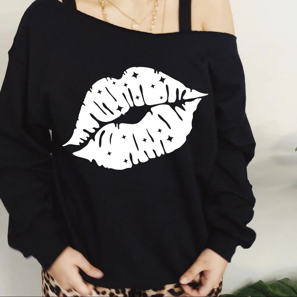 Kiss Lips Slouchy Neck Long Sleeve Sweatshirt Multiple Colors And Sizes - Picture 4 of 5